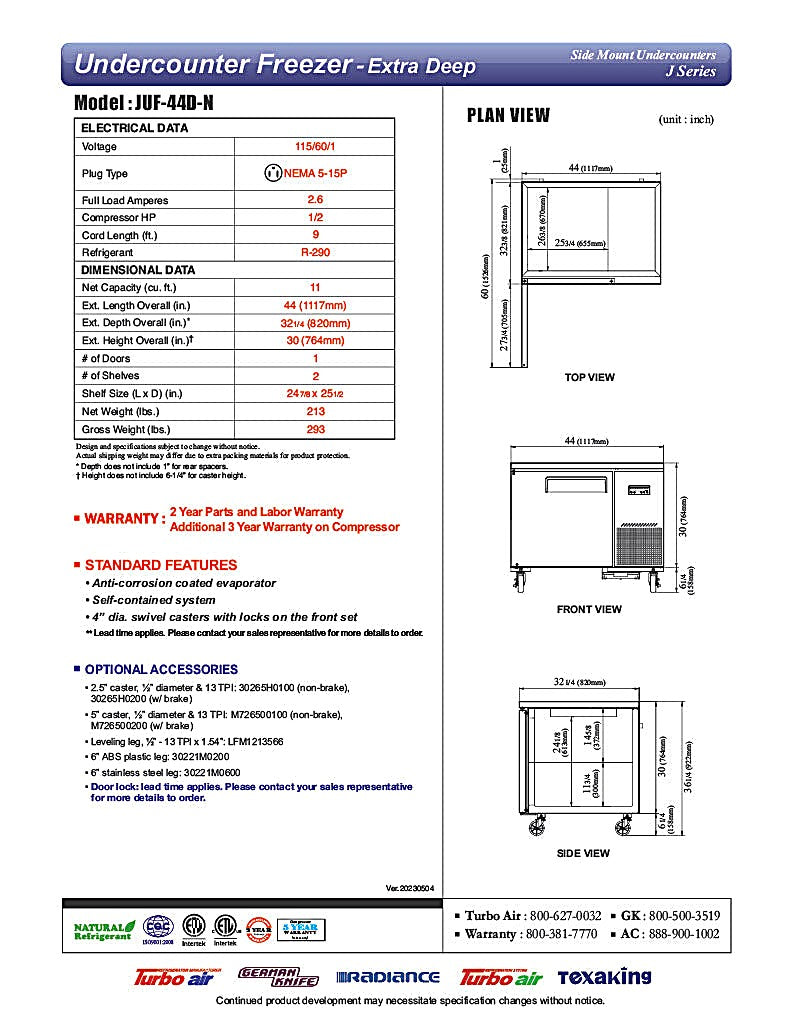 Turbo Air JUF-44D-N J Series 44" Extra Deep Undercounter Freezer w/ 2 Drawers & Side Mounted Compressor - Donut-Equipment.com
