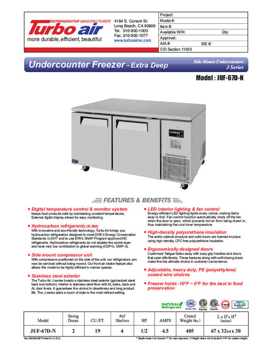 Turbo Air JUF-67D-N J Series 67" Extra Deep Undercounter Freezer w/ 2 Drawers & Side Mounted Compressor - Bakery Wholesalers