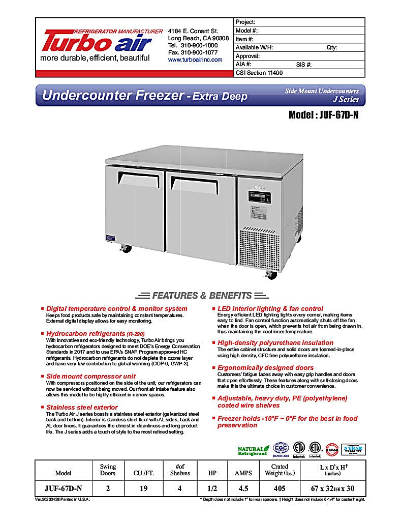 Turbo Air JUF-67D-N J Series 67" Extra Deep Undercounter Freezer w/ 2 Drawers & Side Mounted Compressor - Donut-Equipment.com