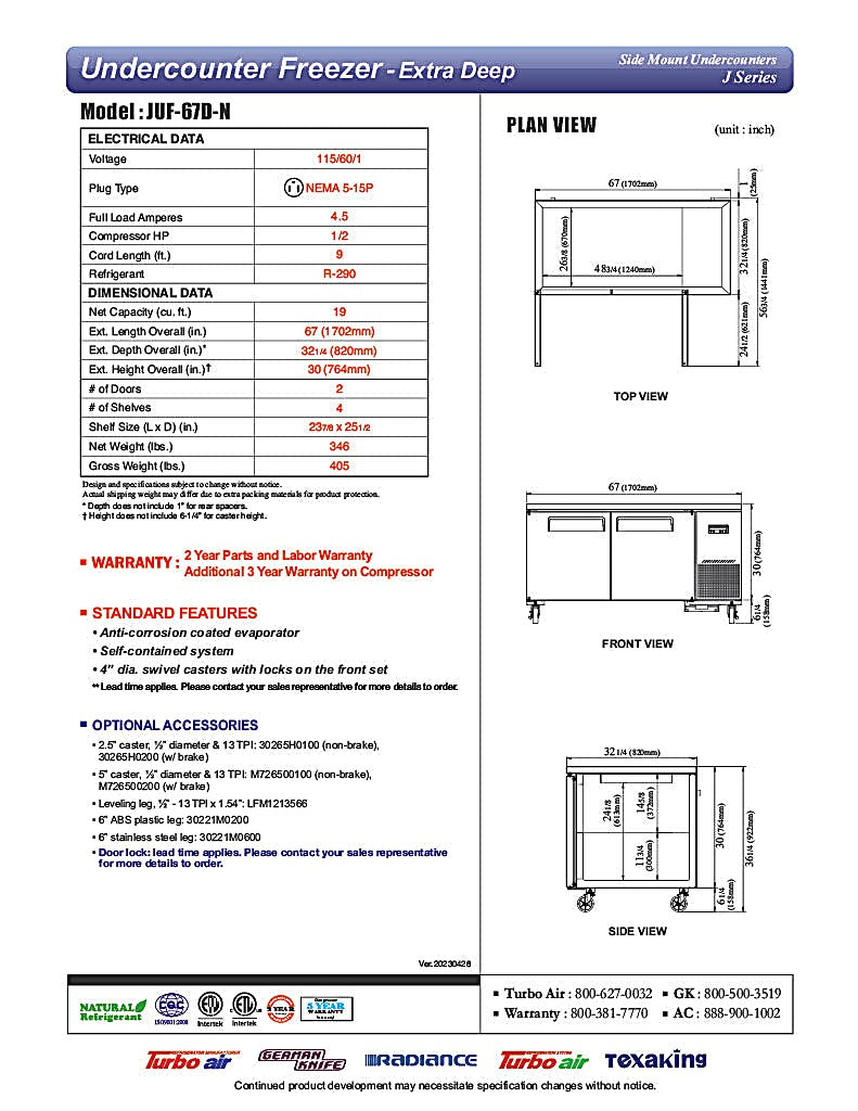 Turbo Air JUF-67D-N J Series 67" Extra Deep Undercounter Freezer w/ 2 Drawers & Side Mounted Compressor - Donut-Equipment.com