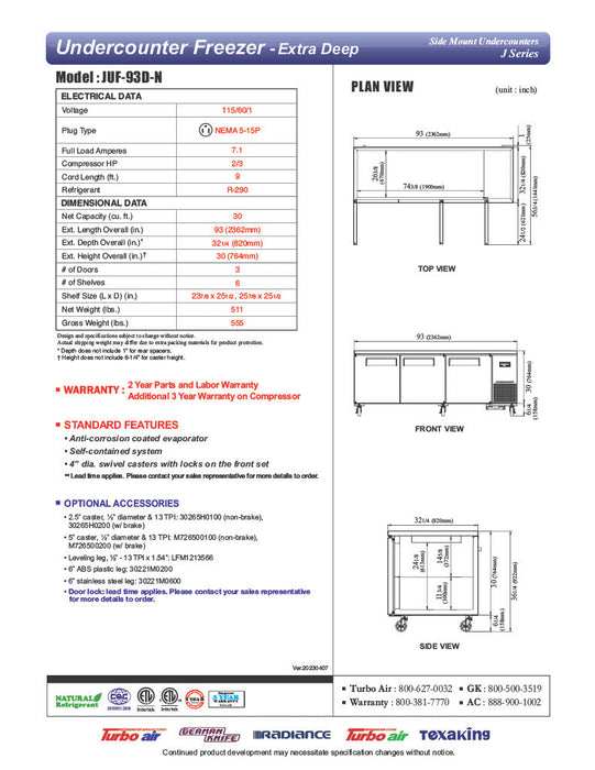 Turbo Air JUF-93D-N J Series 93" Extra Deep Undercounter Freezer w/ 3 Drawers & Side Mounted Compressor - Bakery Wholesalers