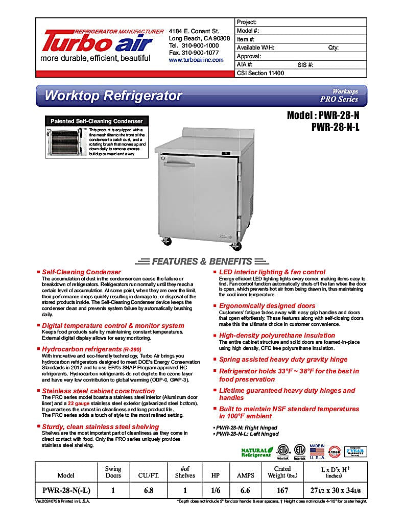 Turbo Air PWR-28-N 27 1/2" Worktop Refrigerator w/ 1 Section - Donut-Equipment.com