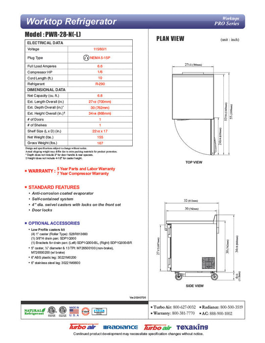 Turbo Air PWR-28-N 27 1/2" Worktop Refrigerator w/ 1 Section - Bakery Wholesalers