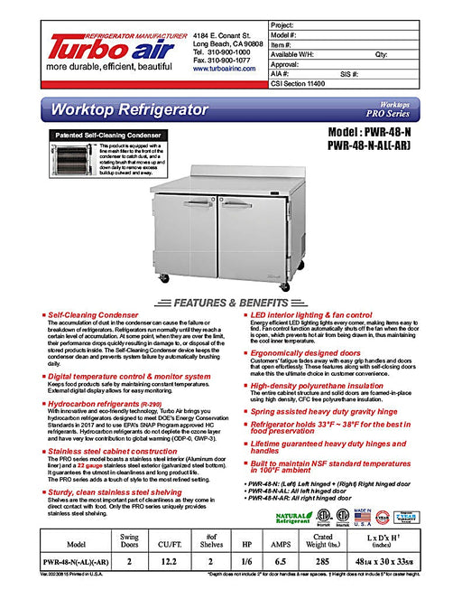 Turbo Air PWR-48-N 48 1/4" Worktop Refrigerator w/ (2) Sections, 2 Solid Doors - Donut-Equipment.com