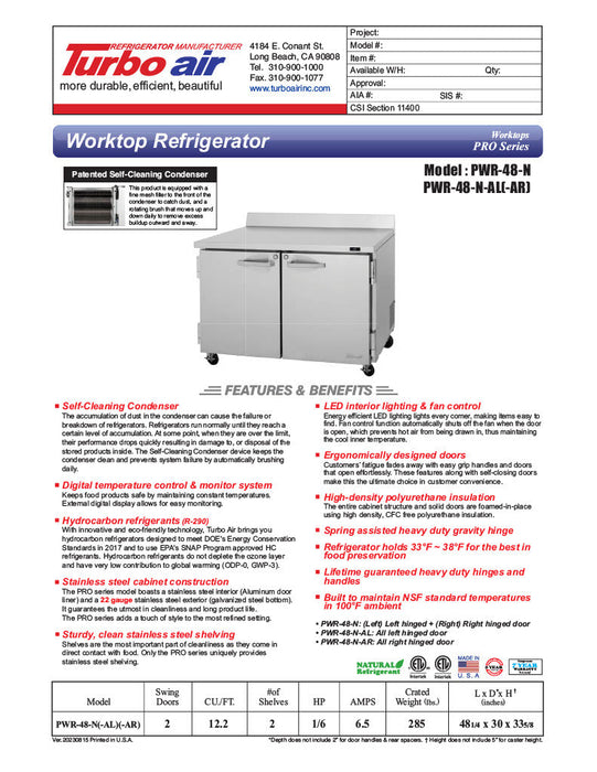 Turbo Air PWR-48-N 48 1/4" Worktop Refrigerator w/ (2) Sections, 2 Solid Doors - Bakery Wholesalers