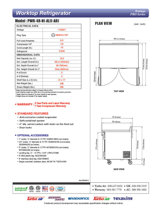 Turbo Air PWR-48-N 48 1/4" Worktop Refrigerator w/ (2) Sections, 2 Solid Doors - Bakery Wholesalers