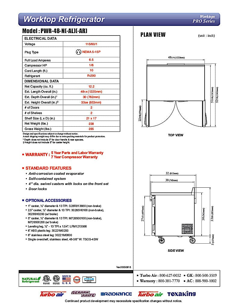 Turbo Air PWR-48-N 48 1/4" Worktop Refrigerator w/ (2) Sections, 2 Solid Doors - Donut-Equipment.com