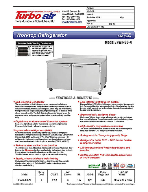 Turbo Air PWR-60-N 60 1/4" Worktop Refrigerator w/ 2 Sections, 2 Solid Doors - Donut-Equipment.com