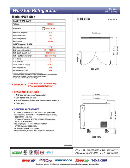Turbo Air PWR-60-N 60 1/4" Worktop Refrigerator w/ 2 Sections, 2 Solid Doors - Bakery Wholesalers