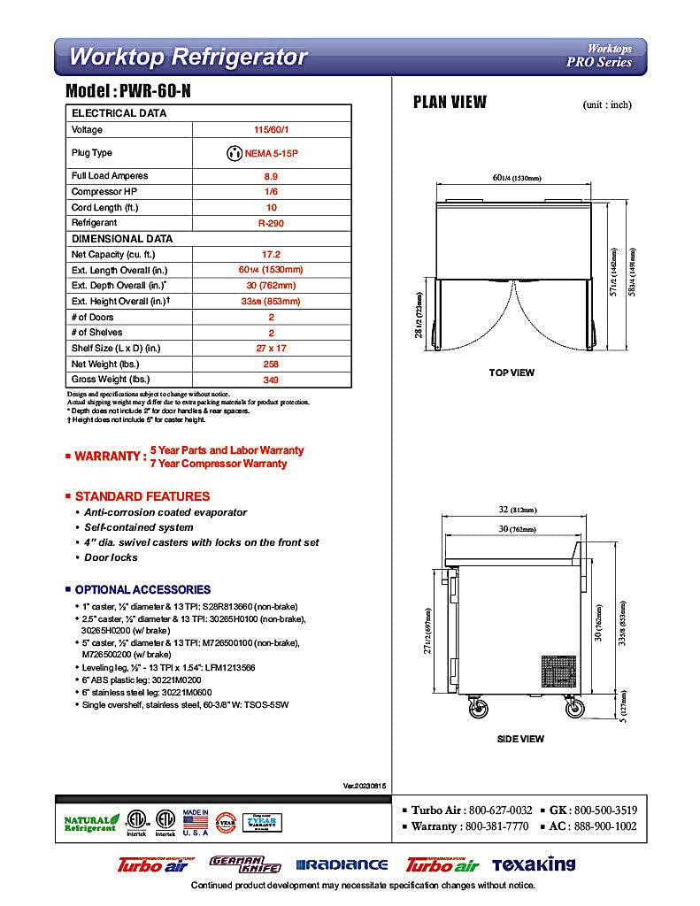 Turbo Air PWR-60-N 60 1/4" Worktop Refrigerator w/ 2 Sections, 2 Solid Doors - Donut-Equipment.com