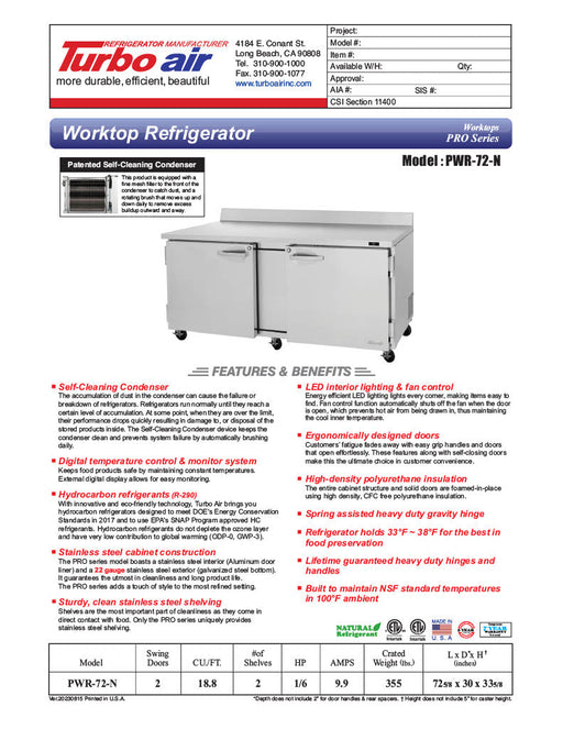 Turbo Air PWR-72-N 72 1/4" Worktop Refrigerator w/ 2 Sections, 2 Solid Doors - Bakery Wholesalers