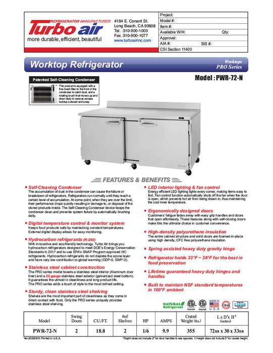 Turbo Air PWR-72-N 72 1/4" Worktop Refrigerator w/ 2 Sections, 2 Solid Doors - Bakery Wholesalers