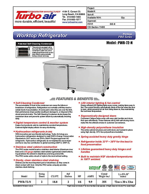Turbo Air PWR-72-N 72 1/4" Worktop Refrigerator w/ 2 Sections, 2 Solid Doors - Donut-Equipment.com