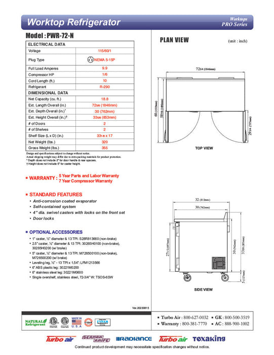 Turbo Air PWR-72-N 72 1/4" Worktop Refrigerator w/ 2 Sections, 2 Solid Doors - Bakery Wholesalers