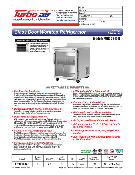 Turbo Air PWR-28-G-N 27 1/2" Worktop Refrigerator w/ (1) Section, 1 Glass Door - Bakery Wholesalers
