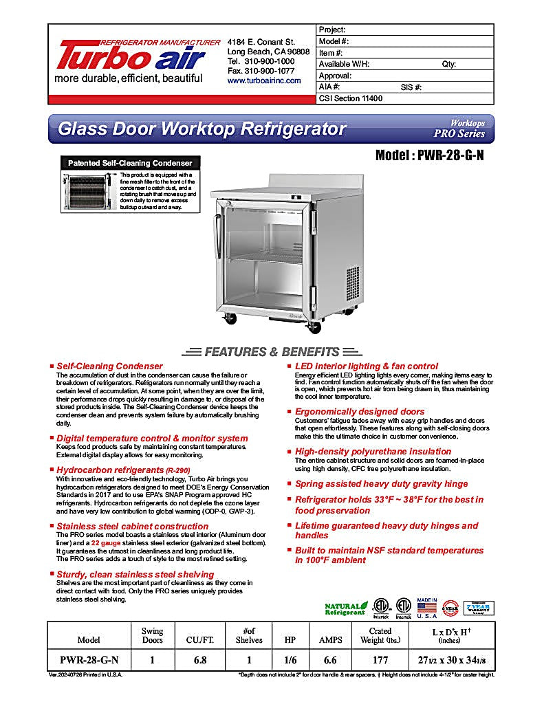 Turbo Air PWR-28-G-N 27 1/2" Worktop Refrigerator w/ (1) Section, 1 Glass Door - Donut-Equipment.com