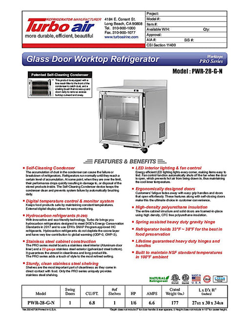 Turbo Air PWR-28-G-N 27 1/2" Worktop Refrigerator w/ (1) Section, 1 Glass Door - Donut-Equipment.com