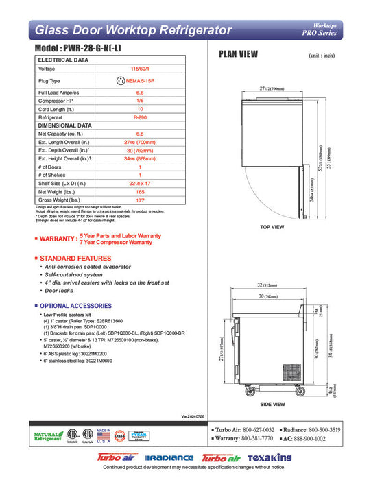 Turbo Air PWR-28-G-N 27 1/2" Worktop Refrigerator w/ (1) Section, 1 Glass Door - Bakery Wholesalers