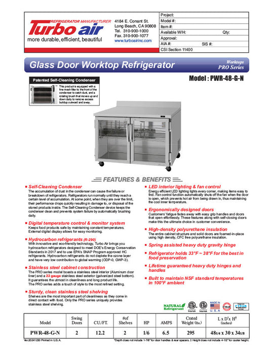 Turbo Air PWR-48-G-N 48 1/4" Worktop Refrigerator w/ 2 Sections, 2 Glass Doors - Bakery Wholesalers