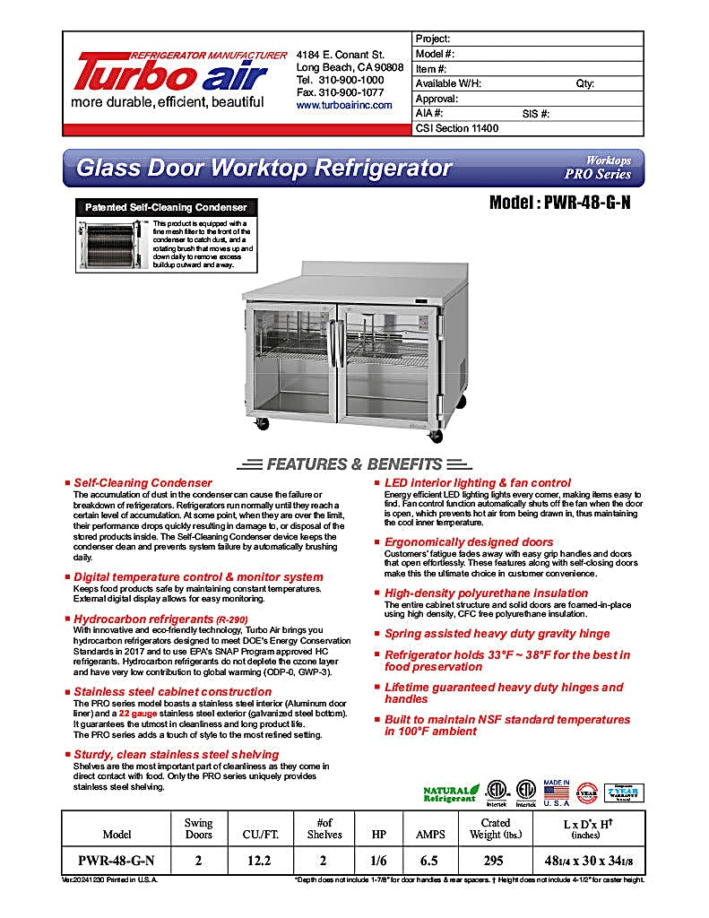 Turbo Air PWR-48-G-N 48 1/4" Worktop Refrigerator w/ 2 Sections, 2 Glass Doors - Donut-Equipment.com