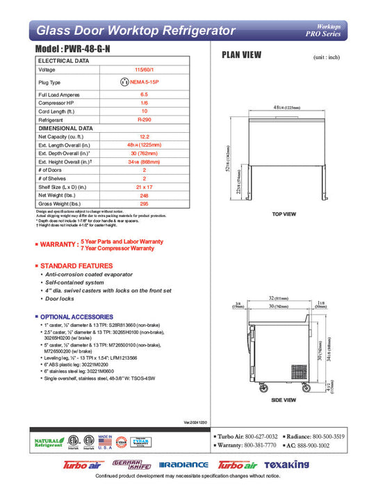 Turbo Air PWR-48-G-N 48 1/4" Worktop Refrigerator w/ 2 Sections, 2 Glass Doors - Bakery Wholesalers