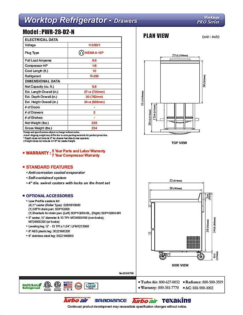 Turbo Air PWR-28-D2-N 27 1/2" Worktop Refrigerator w/ 1 Section, 2 Drawers - Donut-Equipment.com
