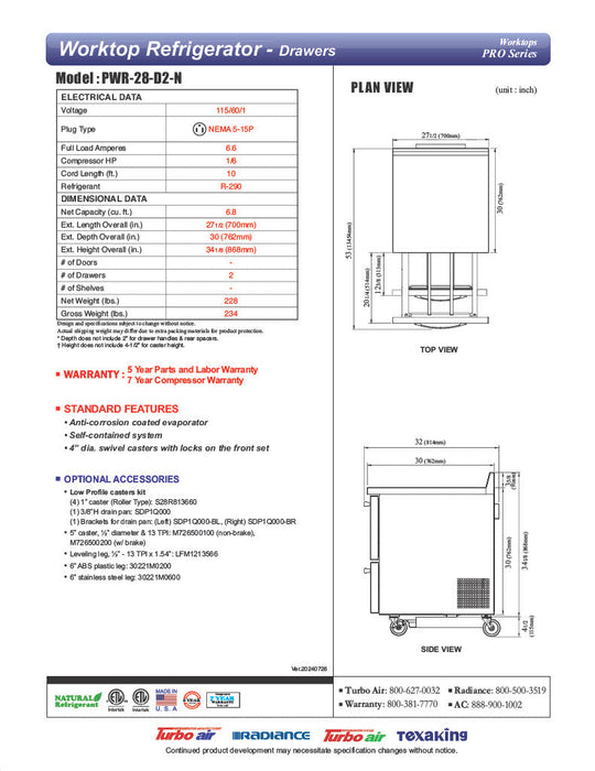 Turbo Air PWR-28-D2-N 27 1/2" Worktop Refrigerator w/ 1 Section, 2 Drawers - Bakery Wholesalers