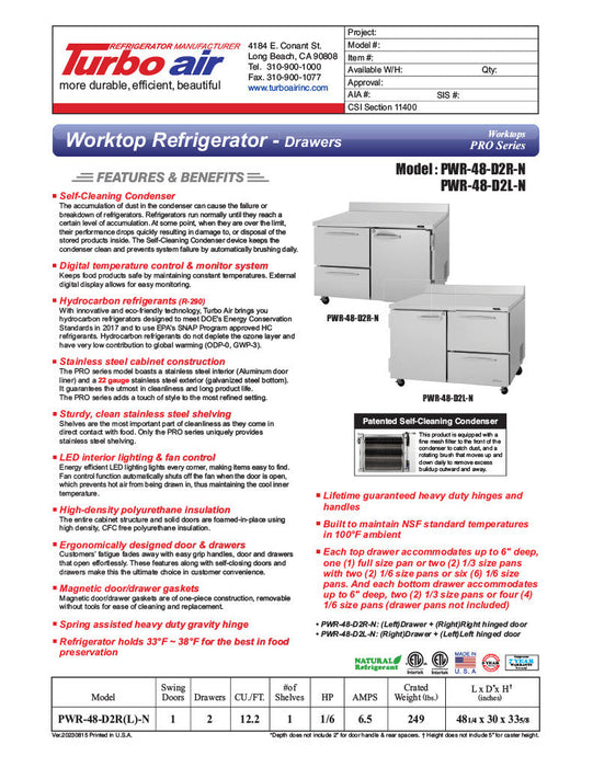 Turbo Air PWR-48-D2R-N 48 1/4" Worktop Refrigerator w/ (2) Sections, 2 Drawers & 1 Solid Door - Bakery Wholesalers
