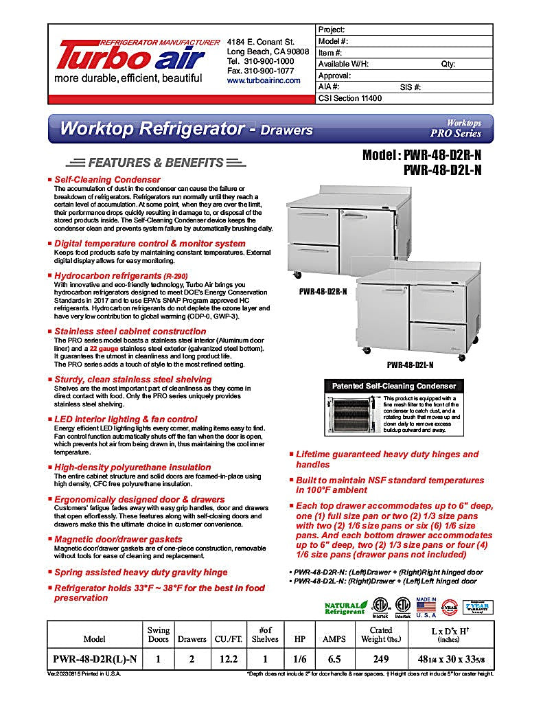 Turbo Air PWR-48-D2R-N 48 1/4" Worktop Refrigerator w/ (2) Sections, 2 Drawers & 1 Solid Door - Donut-Equipment.com