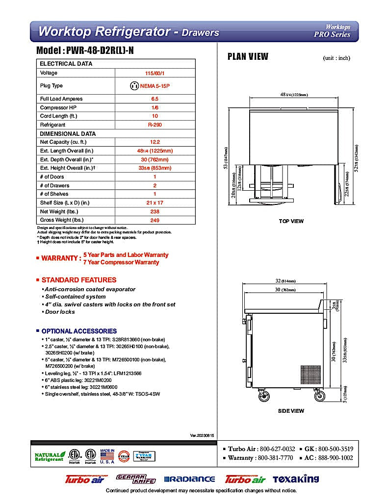 Turbo Air PWR-48-D2R-N 48 1/4" Worktop Refrigerator w/ (2) Sections, 2 Drawers & 1 Solid Door - Donut-Equipment.com