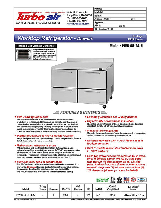 Turbo Air PWR-48-D4-N 48 1/4" Worktop Refrigerator w/ 2 Sections, 4 Drawers - Donut-Equipment.com