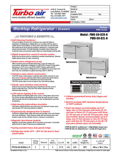 Turbo Air PWR-60-D2R-N 60 1/4" Worktop Refrigerator w/ 2 Sections, 2 Drawers & 1 Solid Door - Bakery Wholesalers