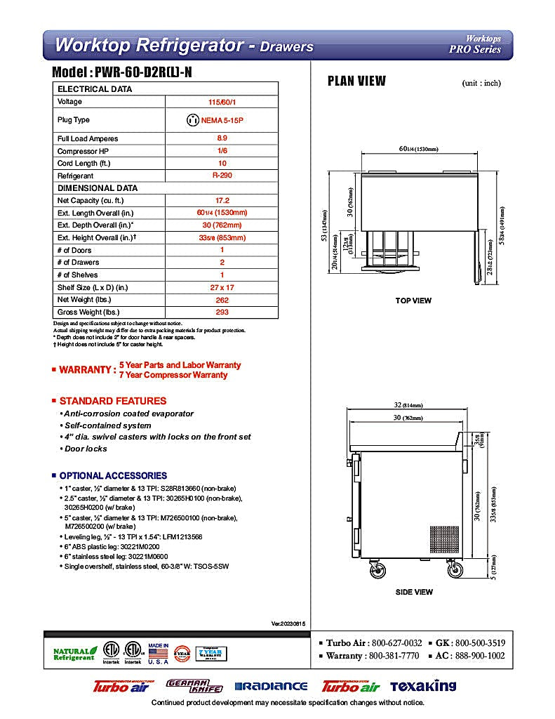 Turbo Air PWR-60-D2R-N 60 1/4" Worktop Refrigerator w/ 2 Sections, 2 Drawers & 1 Solid Door - Donut-Equipment.com