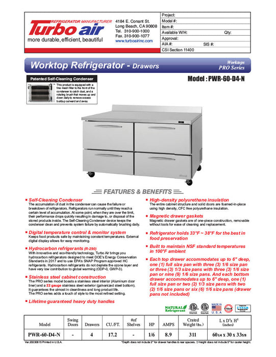 Turbo Air PWR-60-D4-N 60 1/4" Worktop Refrigerator w/ 2 Sections, 4 Drawers - Bakery Wholesalers