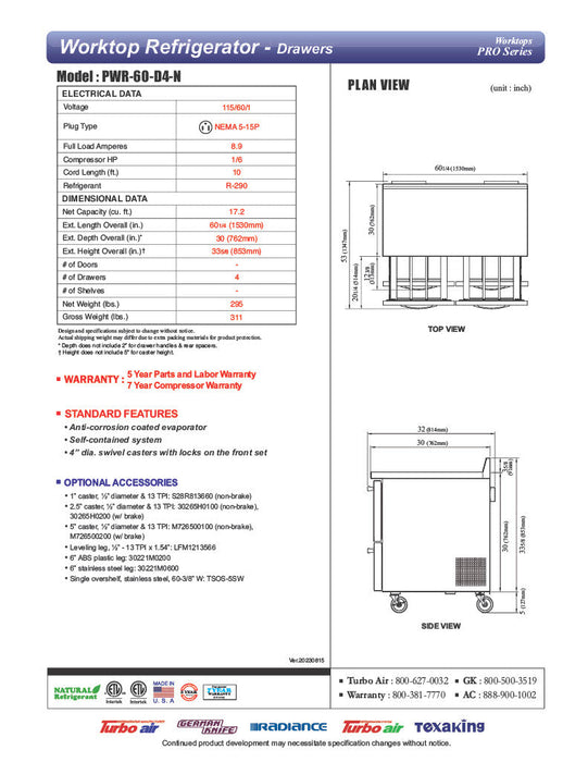 Turbo Air PWR-60-D4-N 60 1/4" Worktop Refrigerator w/ 2 Sections, 4 Drawers - Bakery Wholesalers