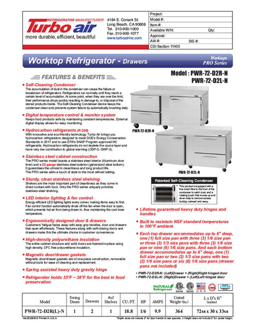 Turbo Air PWR-72-D2R-N 72 1/4" Worktop Refrigerator w/ 3 Sections, 2 Drawers & 1 Solid Door - Bakery Wholesalers
