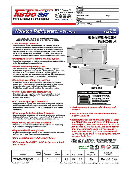 Turbo Air PWR-72-D2R-N 72 1/4" Worktop Refrigerator w/ 3 Sections, 2 Drawers & 1 Solid Door - Donut-Equipment.com