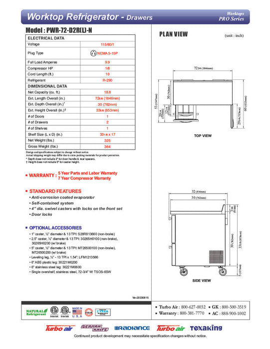 Turbo Air PWR-72-D2R-N 72 1/4" Worktop Refrigerator w/ 3 Sections, 2 Drawers & 1 Solid Door - Bakery Wholesalers