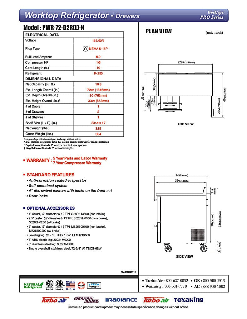 Turbo Air PWR-72-D2R-N 72 1/4" Worktop Refrigerator w/ 3 Sections, 2 Drawers & 1 Solid Door - Donut-Equipment.com