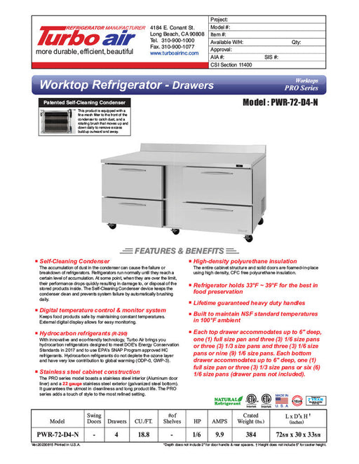 Turbo Air PWR-72-D4-N 72 1/4" Worktop Refrigerator w/ 2 Sections, 4 Drawers - Bakery Wholesalers