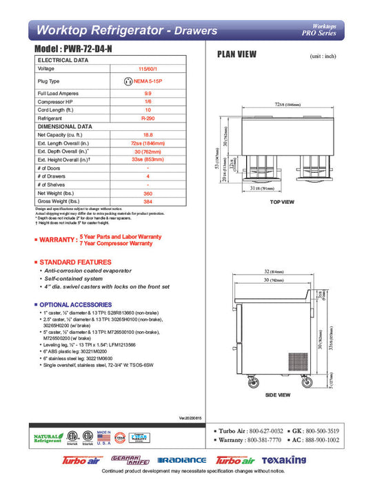 Turbo Air PWR-72-D4-N 72 1/4" Worktop Refrigerator w/ 2 Sections, 4 Drawers - Bakery Wholesalers