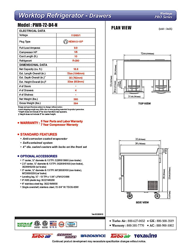 Turbo Air PWR-72-D4-N 72 1/4" Worktop Refrigerator w/ 2 Sections, 4 Drawers - Donut-Equipment.com