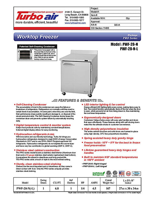 Turbo Air PWF-28-N 27 1/2" Worktop Freezer w/ 1 Section, 1 Solid Door - Donut-Equipment.com