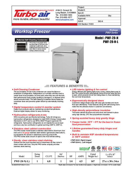 Turbo Air PWF-28-N 27 1/2" Worktop Freezer w/ 1 Section, 1 Solid Door - Bakery Wholesalers