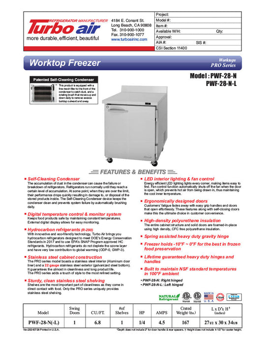 Turbo Air PWF-28-N 27 1/2" Worktop Freezer w/ 1 Section, 1 Solid Door - Bakery Wholesalers