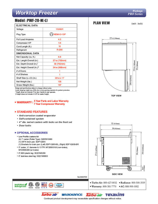 Turbo Air PWF-28-N 27 1/2" Worktop Freezer w/ 1 Section, 1 Solid Door - Bakery Wholesalers