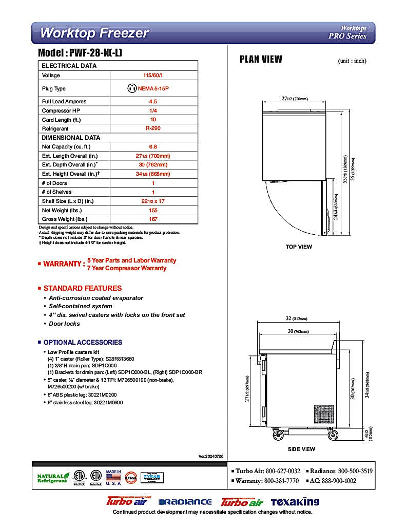 Turbo Air PWF-28-N 27 1/2" Worktop Freezer w/ 1 Section, 1 Solid Door - Donut-Equipment.com