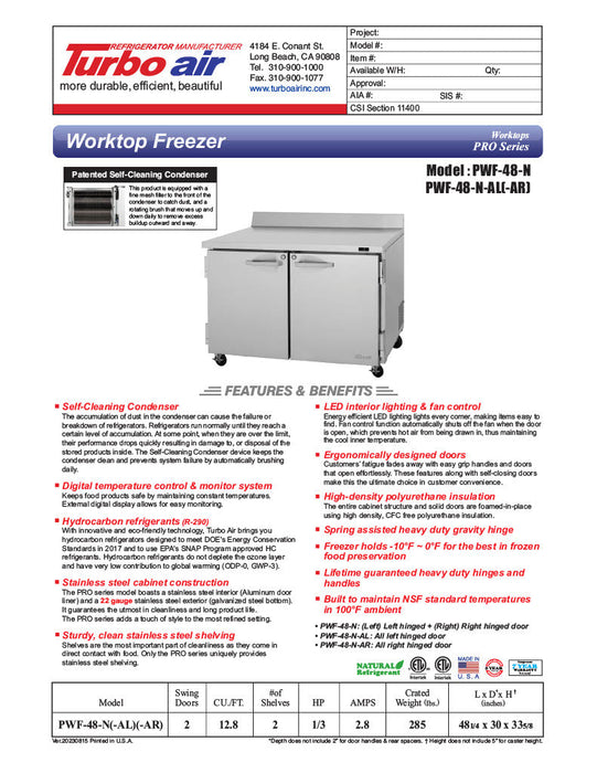 Turbo Air PWF-48-N 48 1/4" Worktop Freezer w/ 2 Sections, 2 Solid Doors - Bakery Wholesalers