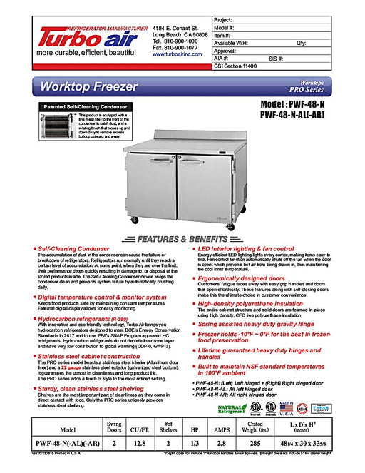 Turbo Air PWF-48-N 48 1/4" Worktop Freezer w/ 2 Sections, 2 Solid Doors - Donut-Equipment.com