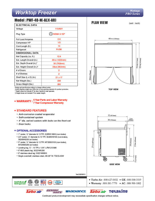 Turbo Air PWF-48-N 48 1/4" Worktop Freezer w/ 2 Sections, 2 Solid Doors - Bakery Wholesalers